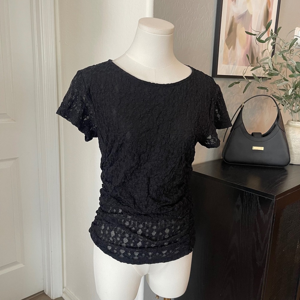 Unbranded Lace Ruched Top Women Small Black Excellent Short Sleeve Scoop Neck